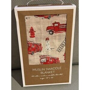 Boutique Mud Pie Firefighter Truck Dog Muslin Swaddle Baby Blanket Red Tan New